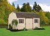 Dutch Barn 10′ x 16′ • Sandstone vinyl siding, red trim and shutters, bark architectural shingles